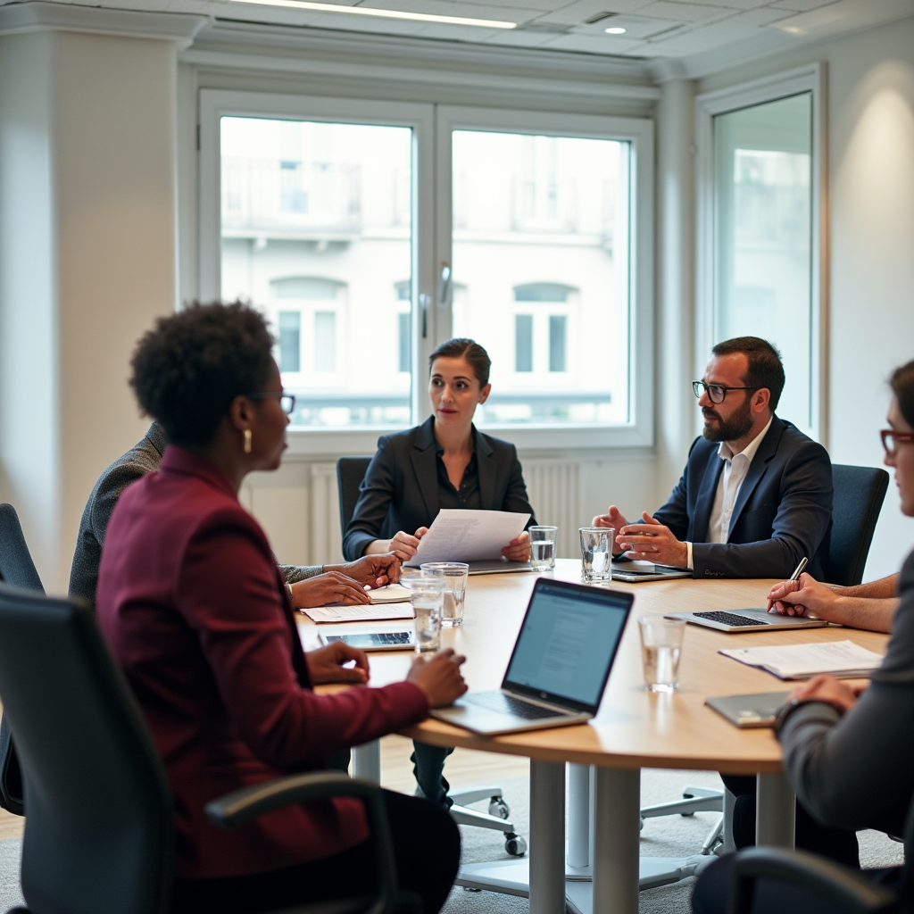 Gruppo eterogeneo di professionisti in una sessione di lavoro collaborativa