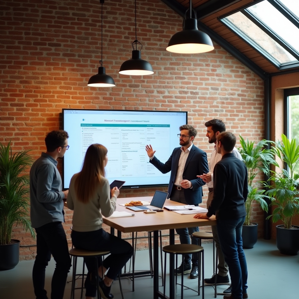 Team di professionisti che collaborano in uno spazio di lavoro aperto e moderno